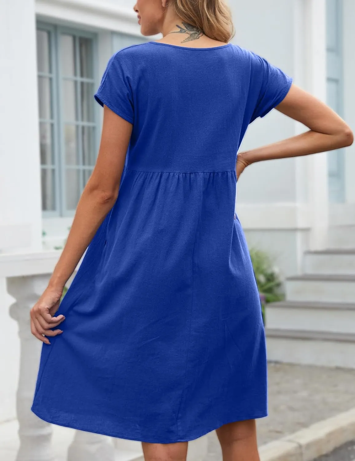 Women's Summer Dresses Midi Casual Cap Sleeve Crewneck A Line Swing Flowy Beach Sundress with Pockets