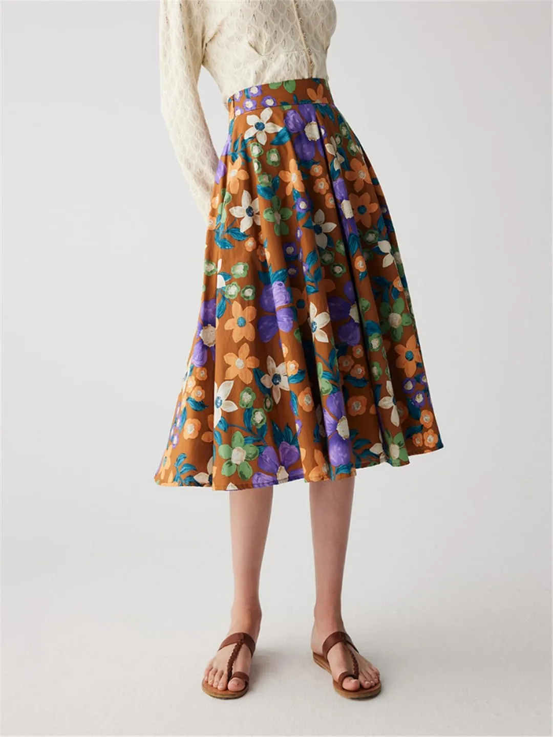 Women's Vintage A-Line Printed Pleated Flared Midi Skirt High-Waisted Painting Vacation Skirt