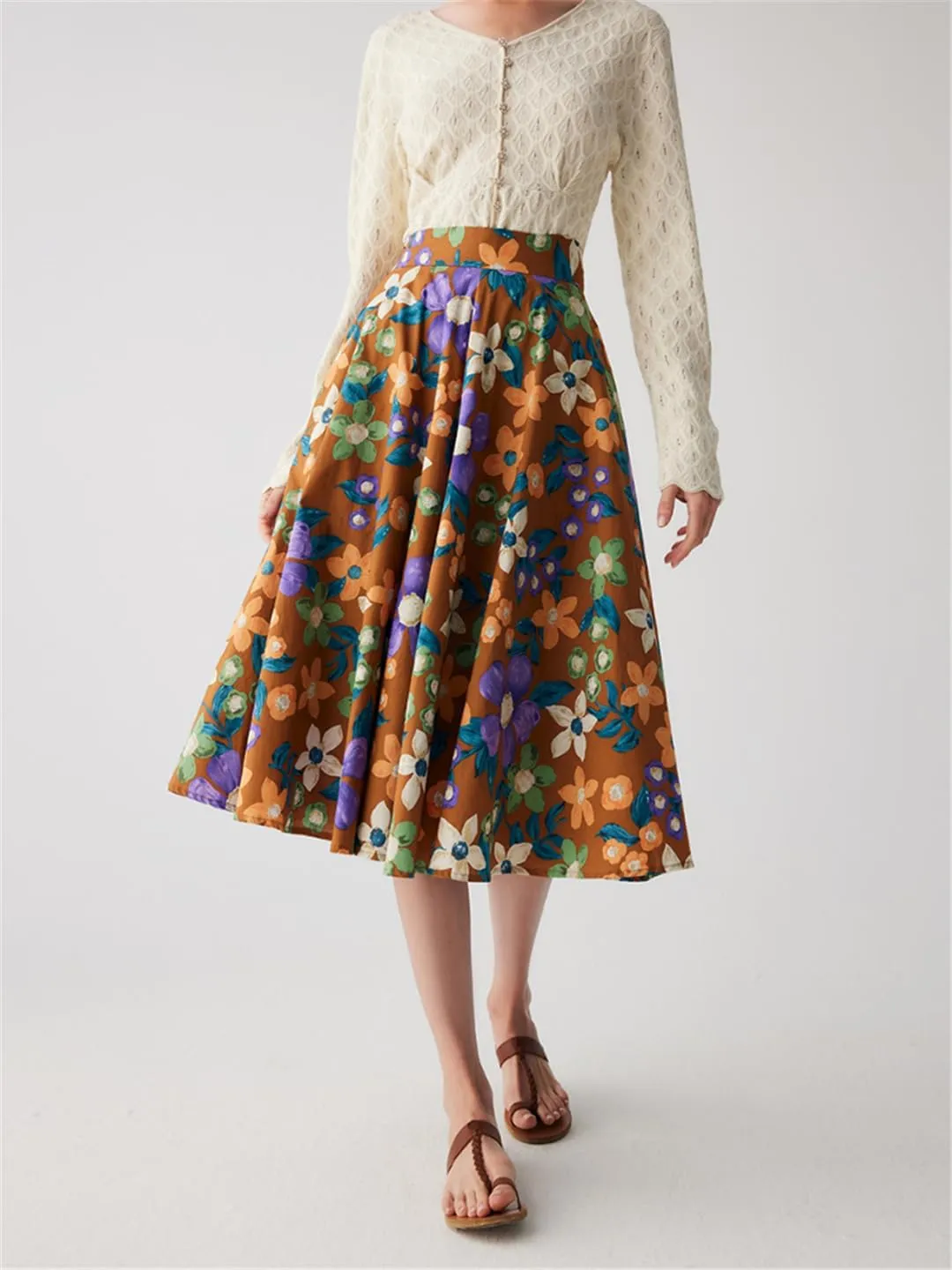 Women's Vintage A-Line Printed Pleated Flared Midi Skirt High-Waisted Painting Vacation Skirt