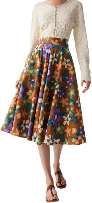 Women's Vintage A-Line Printed Pleated Flared Midi Skirt High-Waisted Painting Vacation Skirt