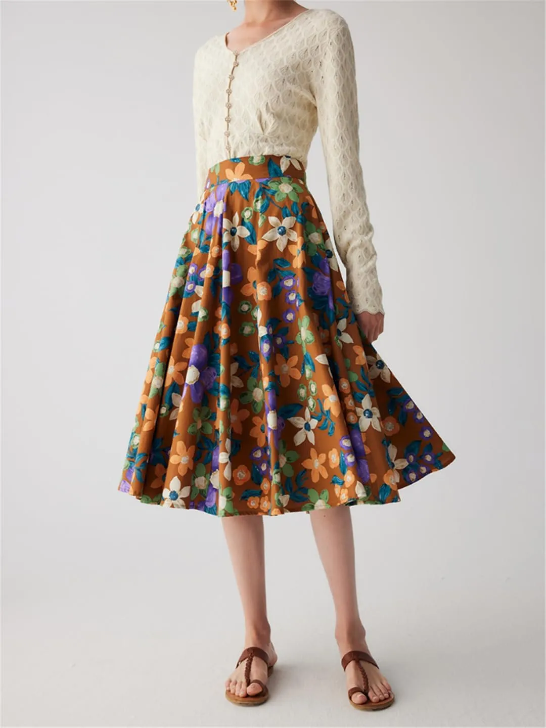 Women's Vintage A-Line Printed Pleated Flared Midi Skirt High-Waisted Painting Vacation Skirt