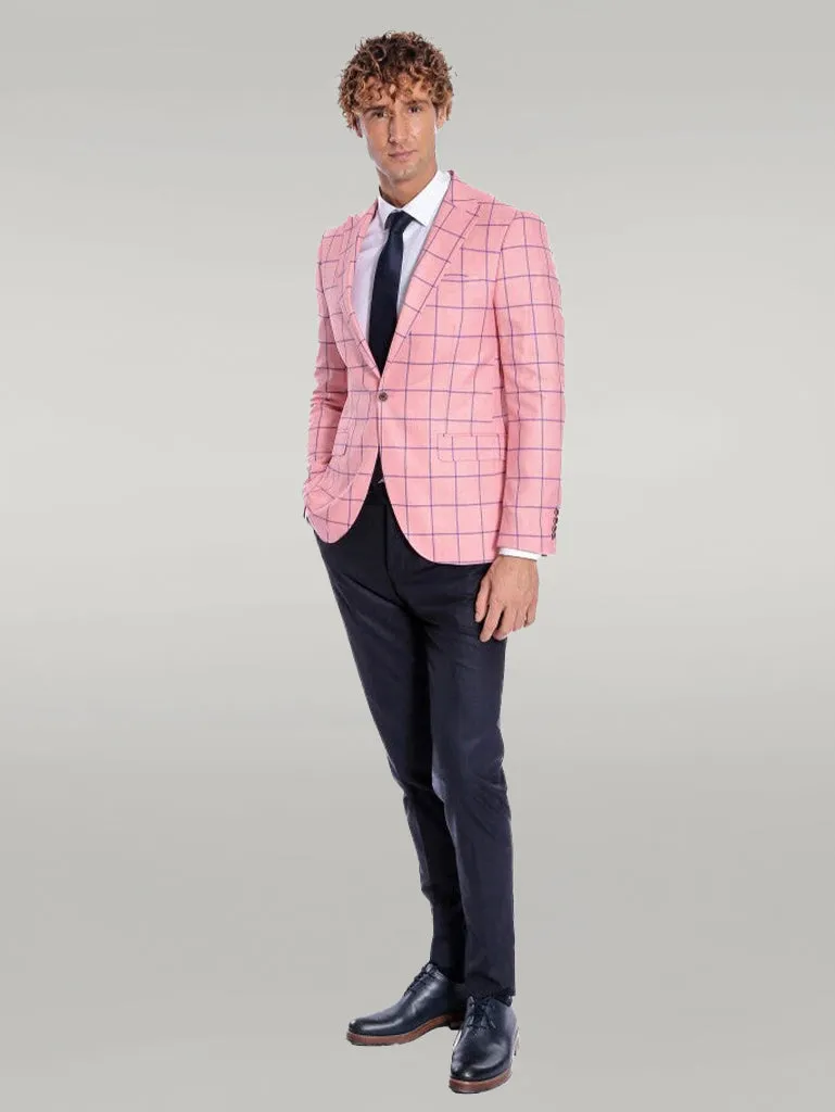 WSS Blue Plaid Patterned Slim Fit Pink Men Blazer  - Singen