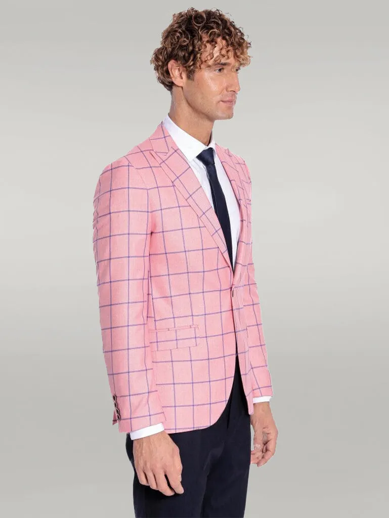 WSS Blue Plaid Patterned Slim Fit Pink Men Blazer  - Singen