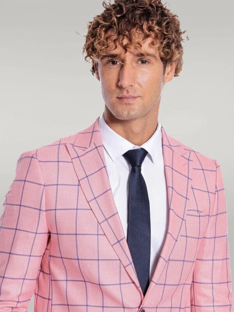 WSS Blue Plaid Patterned Slim Fit Pink Men Blazer  - Singen