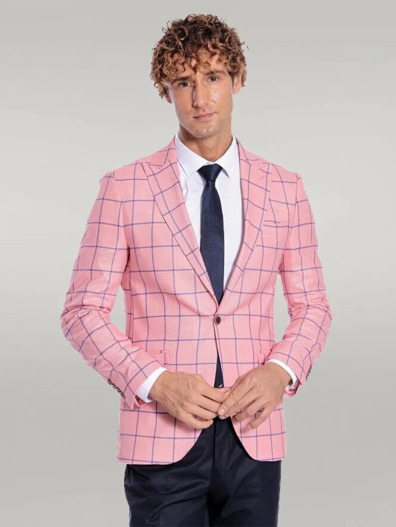 WSS Blue Plaid Patterned Slim Fit Pink Men Blazer  - Singen