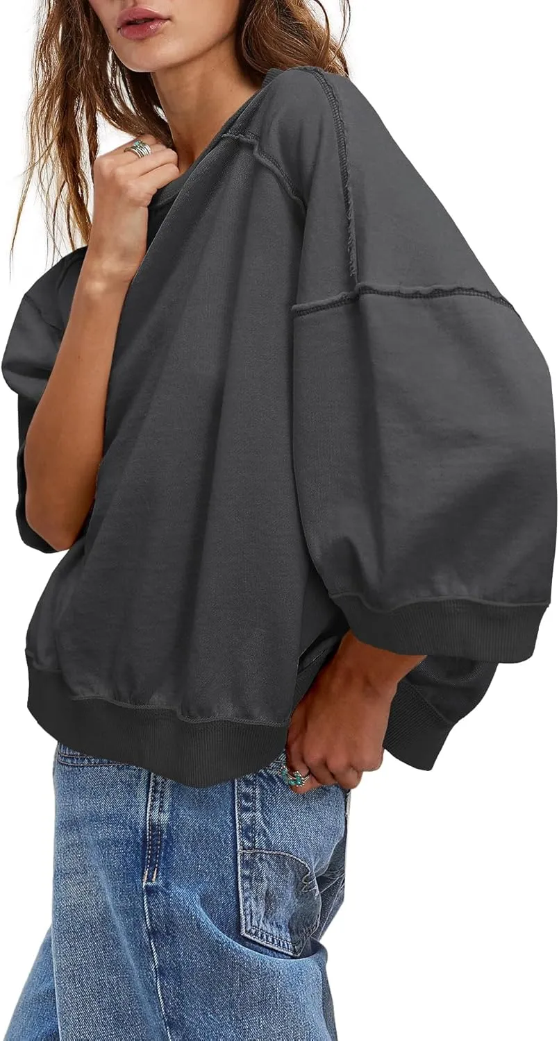 Yanekop Womens Crewneck Short Sleeve Sweatshirt 3/4 Sleeve Tops Color Block Oversized Sweatshirt Summer Shirts