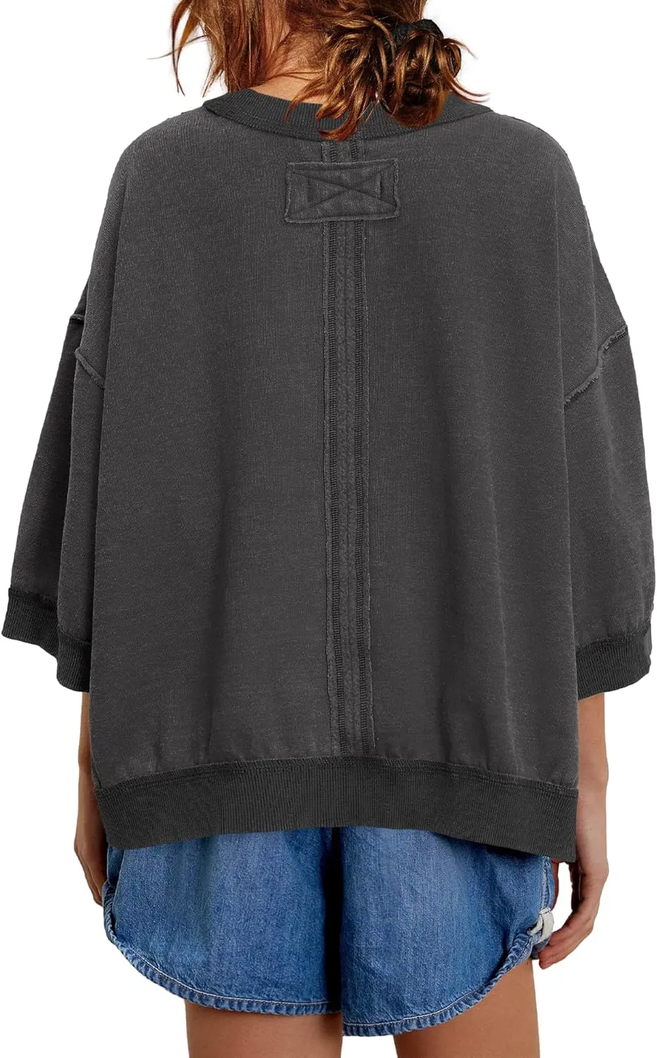 Yanekop Womens Crewneck Short Sleeve Sweatshirt 3/4 Sleeve Tops Color Block Oversized Sweatshirt Summer Shirts