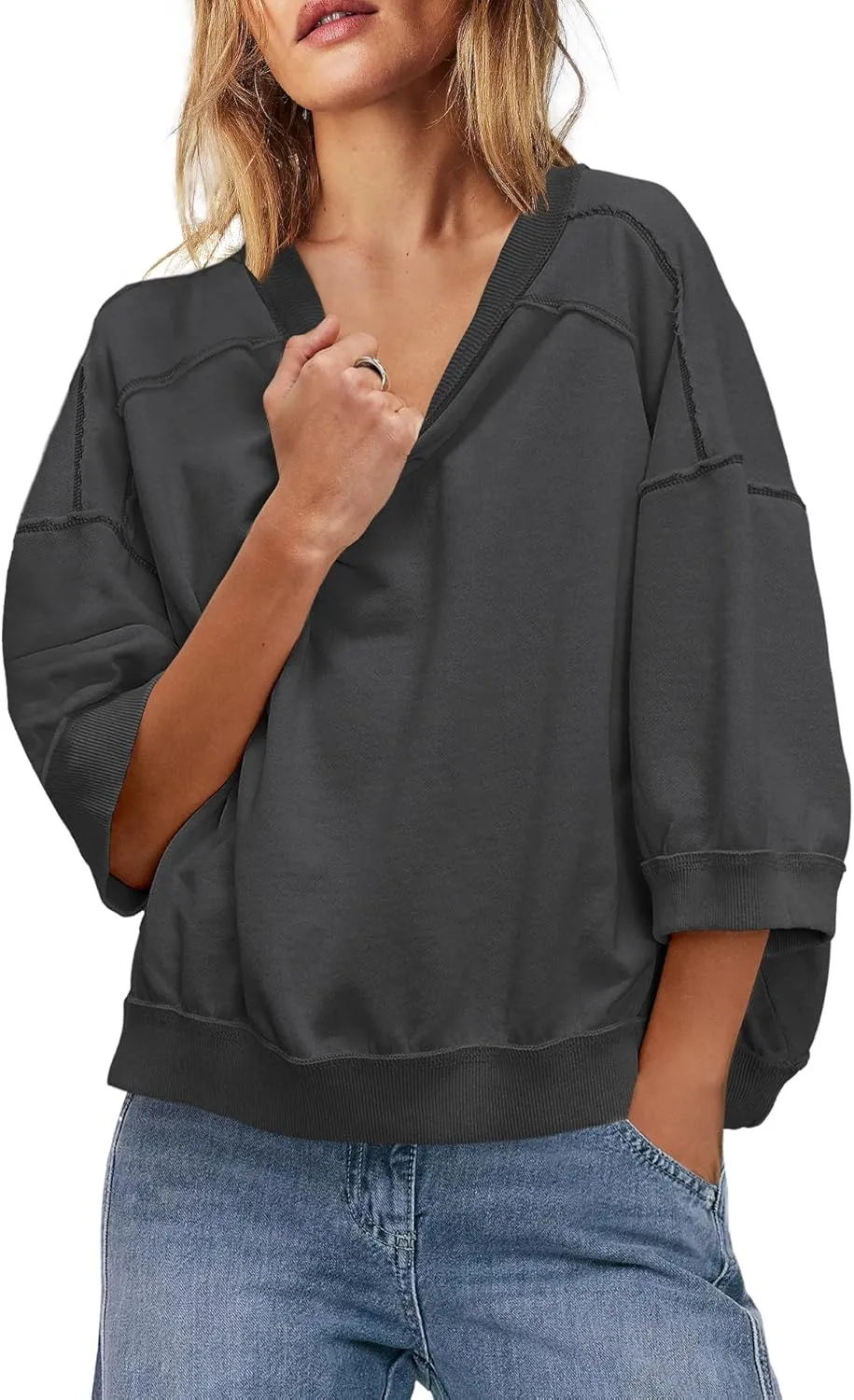 Yanekop Womens Crewneck Short Sleeve Sweatshirt 3/4 Sleeve Tops Color Block Oversized Sweatshirt Summer Shirts