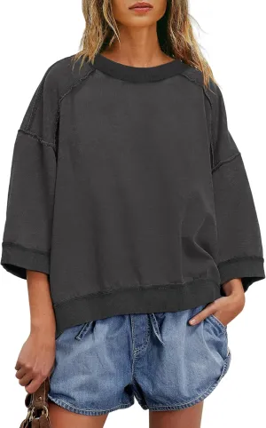 Yanekop Womens Crewneck Short Sleeve Sweatshirt 3/4 Sleeve Tops Color Block Oversized Sweatshirt Summer Shirts