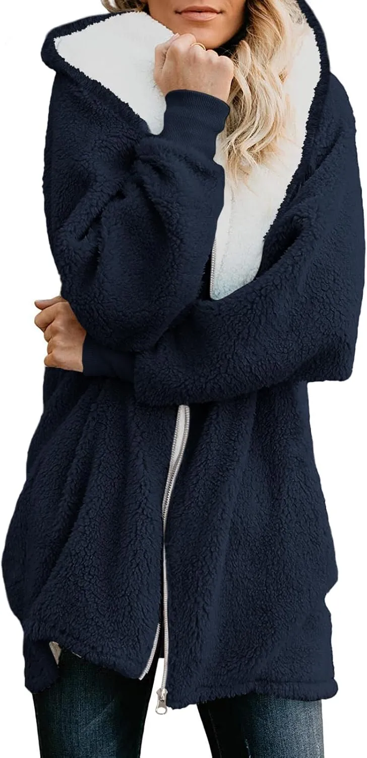 Yanekop Womens Oversized Sherpa Jacket Fuzzy Fleece Jackets Zip Up Outerwear Sweater Coat with Hood(A Navy Blue,L)