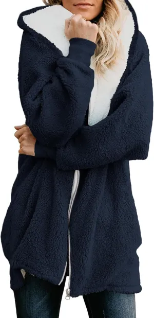 Yanekop Womens Oversized Sherpa Jacket Fuzzy Fleece Jackets Zip Up Outerwear Sweater Coat with Hood(A Navy Blue,L)