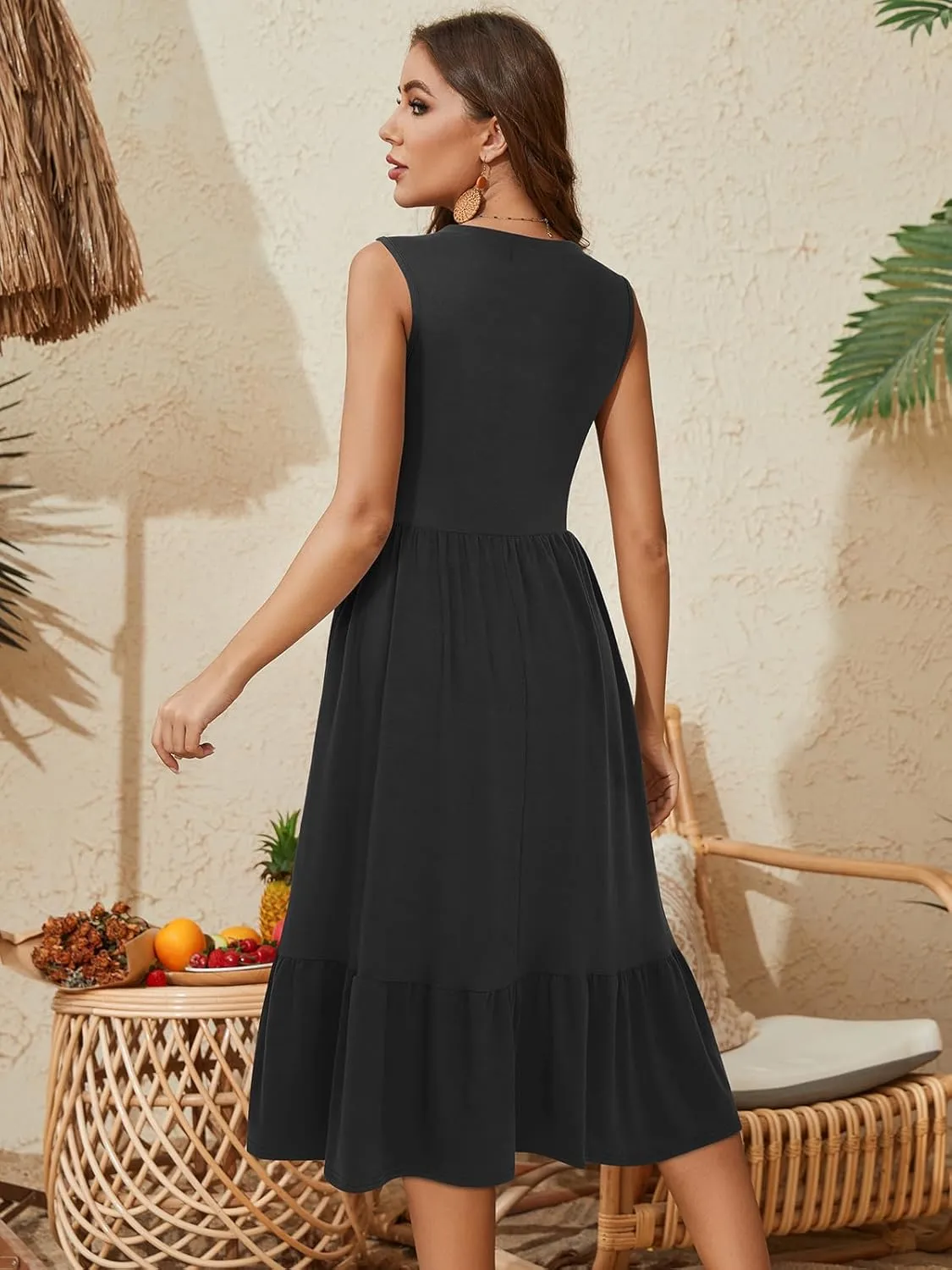 YATHON Womens Summer Sundress Notched Neck Slant A Line Tiered Midi Dresses with Pockets
