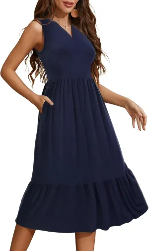 YATHON Womens Summer Sundress Notched Neck Slant A Line Tiered Midi Dresses with Pockets
