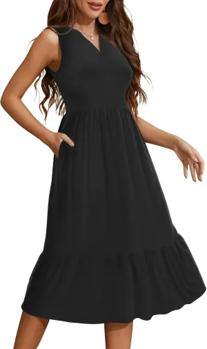 YATHON Womens Summer Sundress Notched Neck Slant A Line Tiered Midi Dresses with Pockets