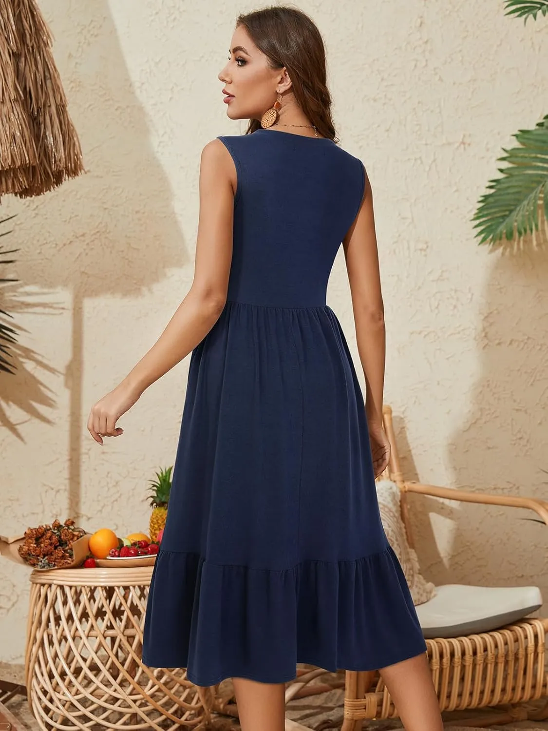 YATHON Womens Summer Sundress Notched Neck Slant A Line Tiered Midi Dresses with Pockets