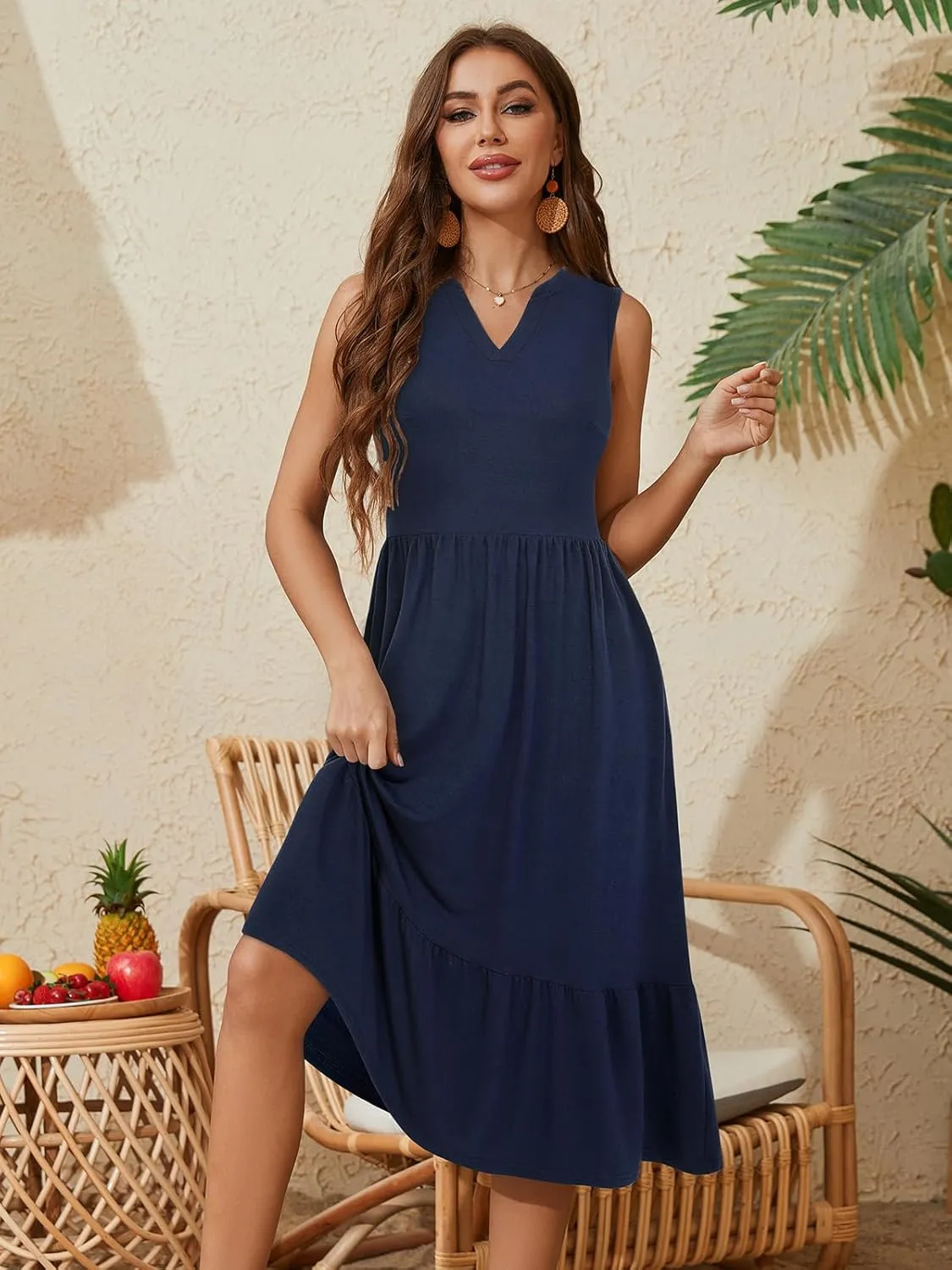 YATHON Womens Summer Sundress Notched Neck Slant A Line Tiered Midi Dresses with Pockets