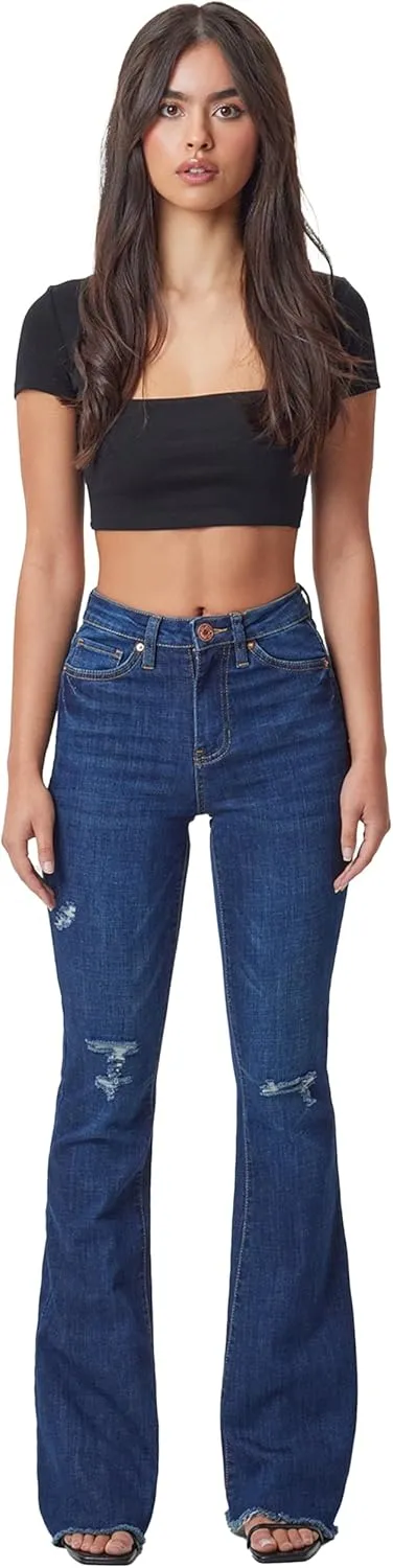 YMI Womens High-Rise Flare Jean with Frayed Hem