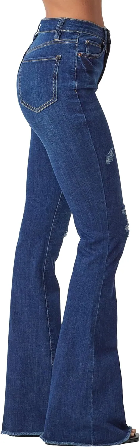 YMI Womens High-Rise Flare Jean with Frayed Hem