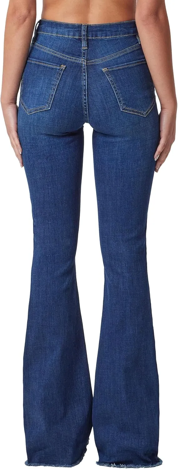 YMI Womens High-Rise Flare Jean with Frayed Hem