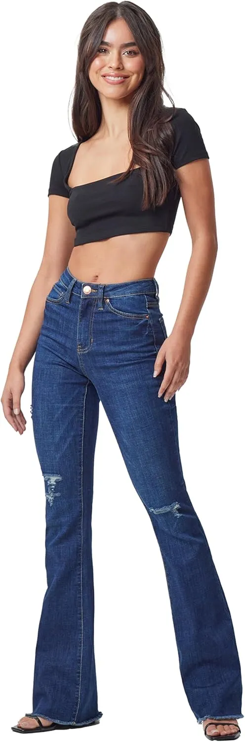 YMI Womens High-Rise Flare Jean with Frayed Hem