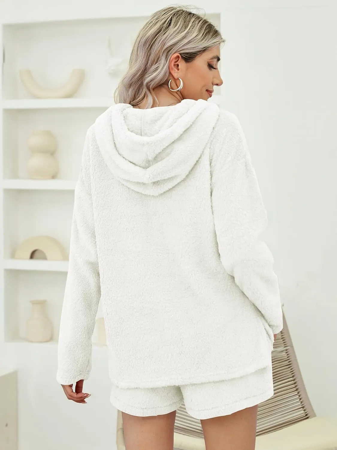 ZAFUL Women's Fuzzy Fleece Hoodie Loungewear Pajamas Shorts Sets 2 Piece Fluffy Sweatsuit Set Casual Outfits
