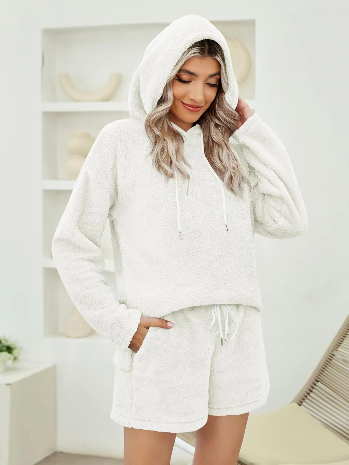 ZAFUL Women's Fuzzy Fleece Hoodie Loungewear Pajamas Shorts Sets 2 Piece Fluffy Sweatsuit Set Casual Outfits