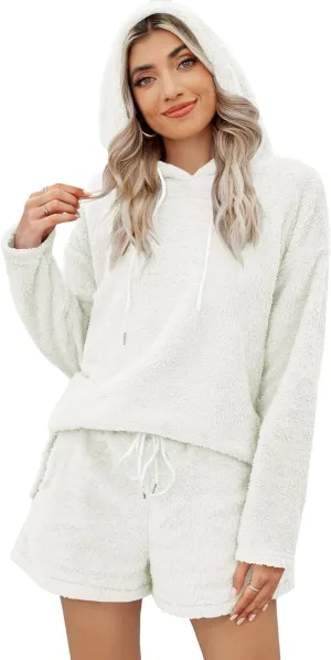 ZAFUL Women's Fuzzy Fleece Hoodie Loungewear Pajamas Shorts Sets 2 Piece Fluffy Sweatsuit Set Casual Outfits