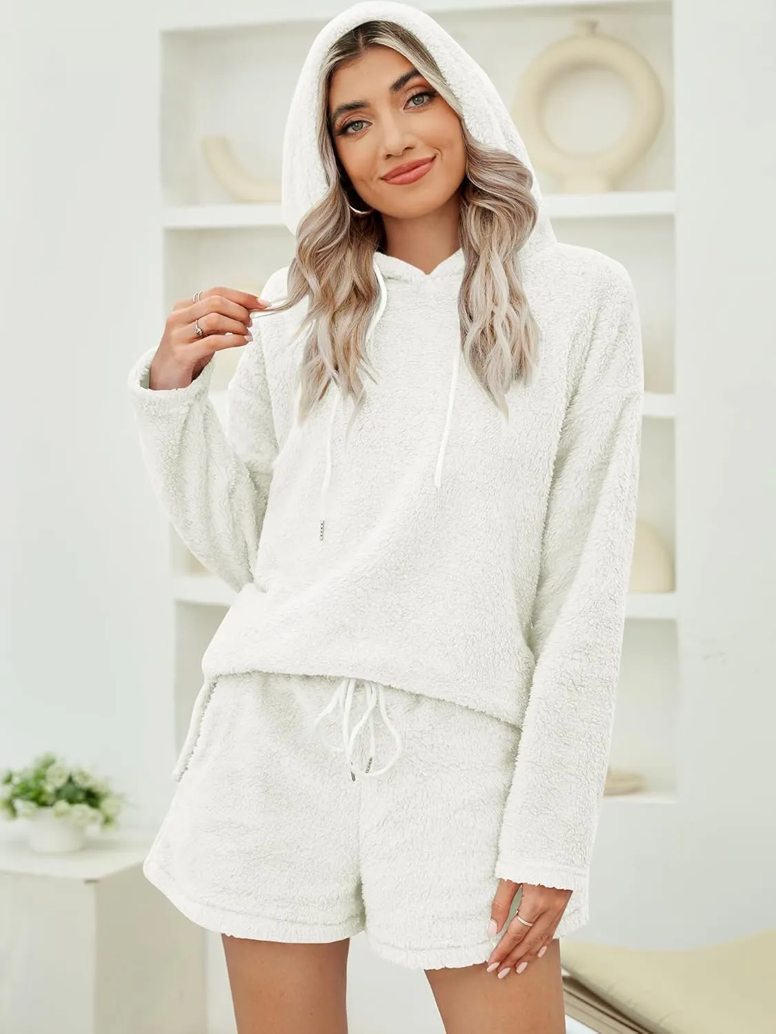 ZAFUL Women's Fuzzy Fleece Hoodie Loungewear Pajamas Shorts Sets 2 Piece Fluffy Sweatsuit Set Casual Outfits