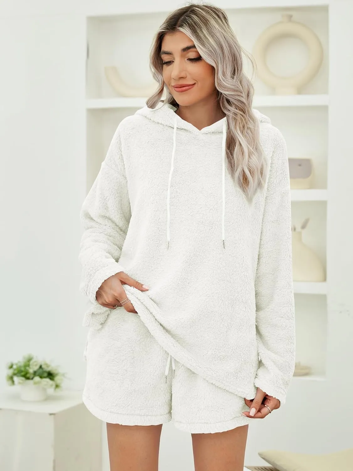 ZAFUL Women's Fuzzy Fleece Hoodie Loungewear Pajamas Shorts Sets 2 Piece Fluffy Sweatsuit Set Casual Outfits