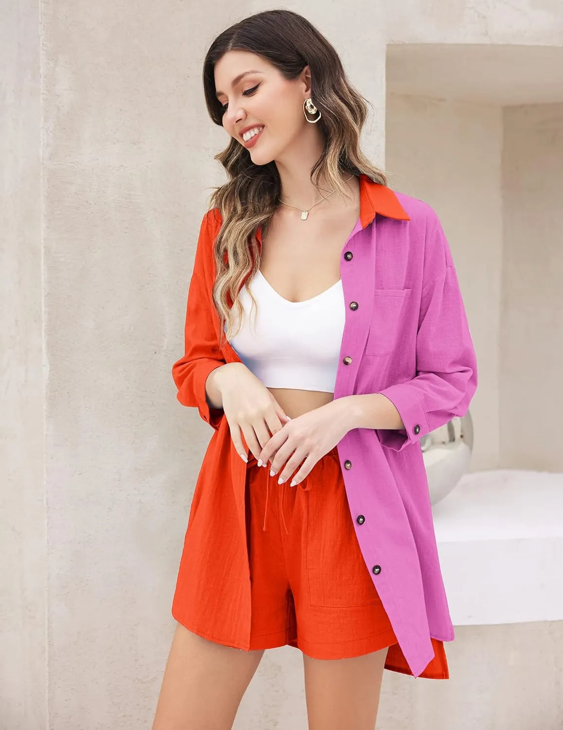 Zeagoo Womens 2 Piece Lounge Tracksuit Outfit Sets Cotton Linen High Low Shirt and Drawstring Casual Shorts Set
