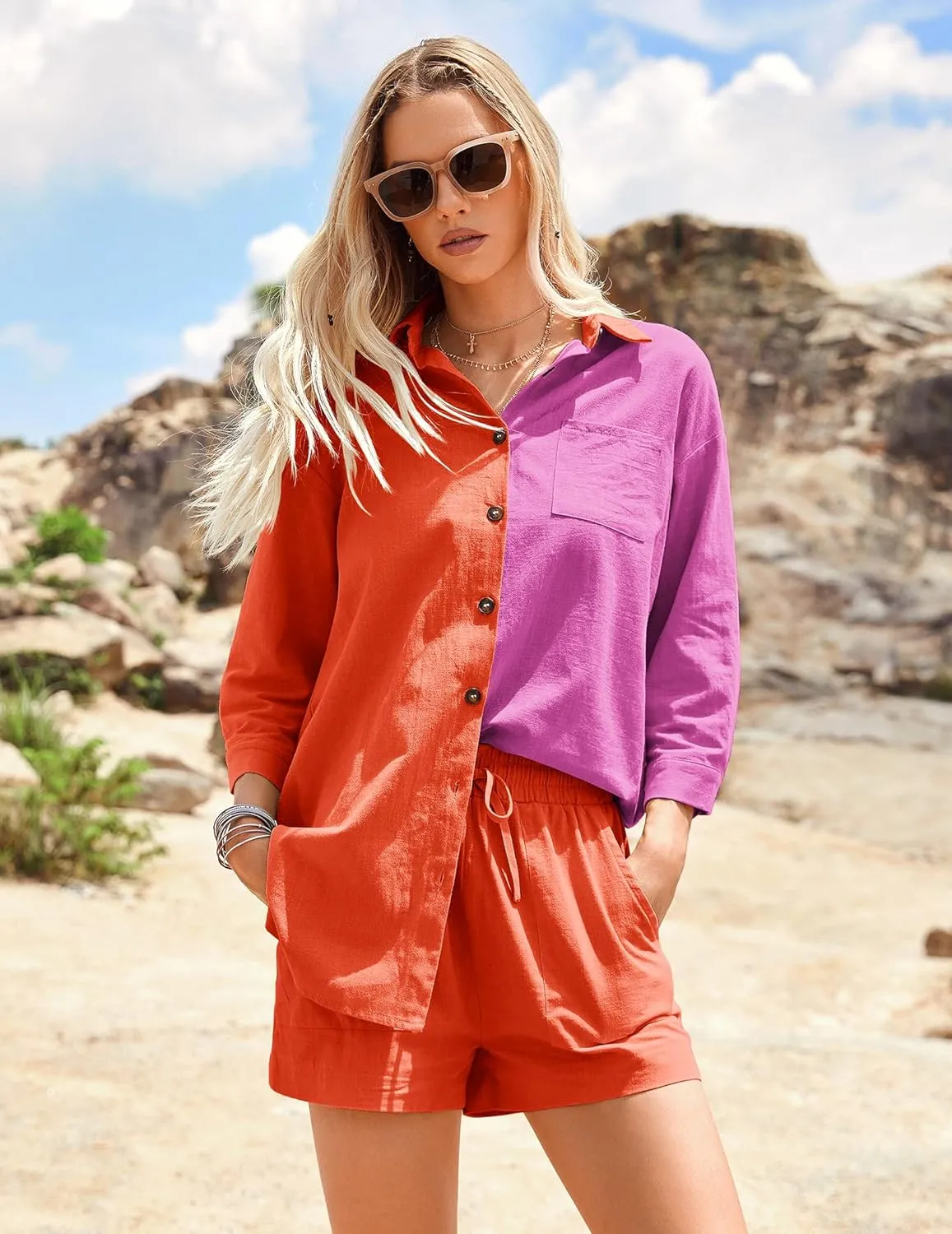 Zeagoo Womens 2 Piece Lounge Tracksuit Outfit Sets Cotton Linen High Low Shirt and Drawstring Casual Shorts Set