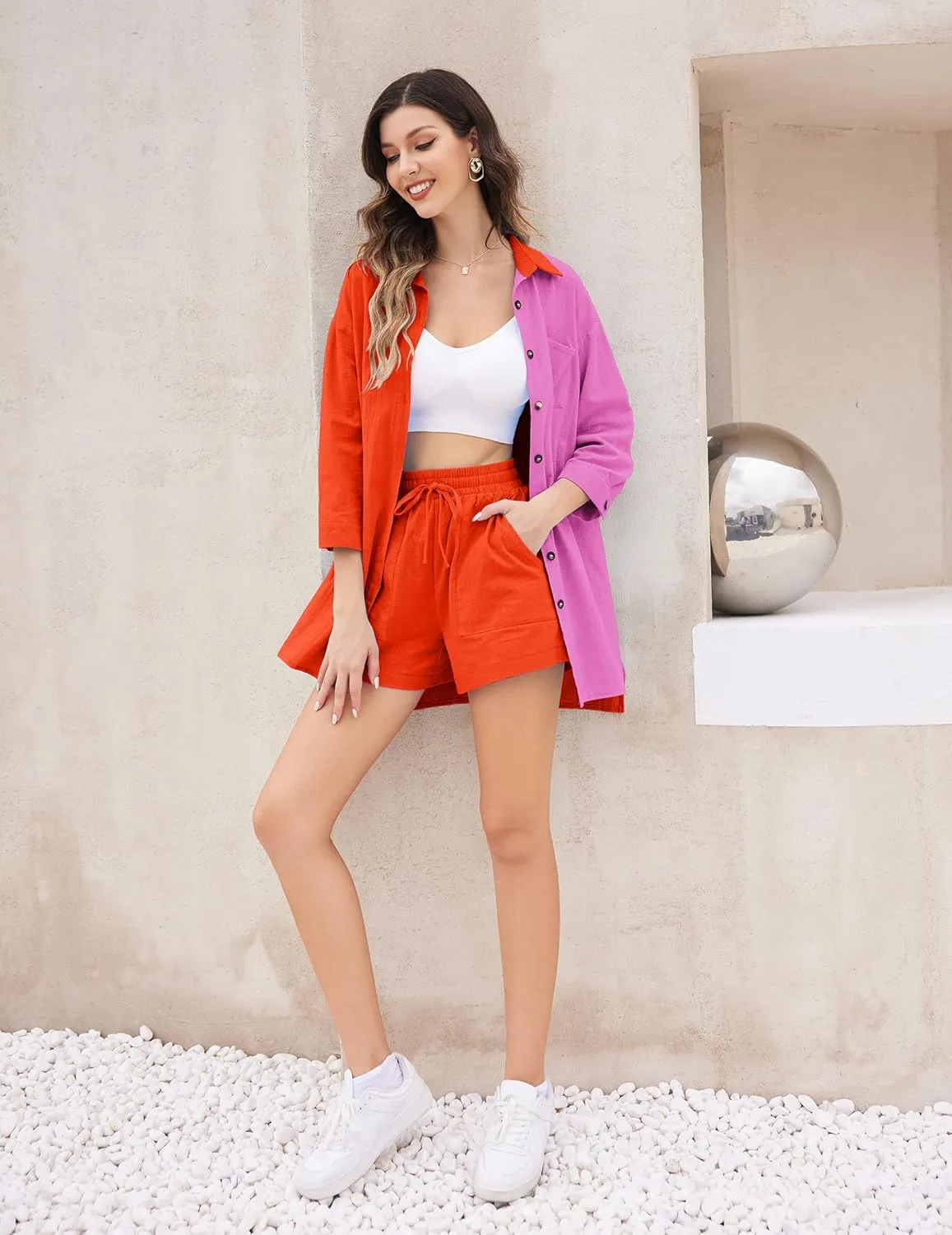Zeagoo Womens 2 Piece Lounge Tracksuit Outfit Sets Cotton Linen High Low Shirt and Drawstring Casual Shorts Set