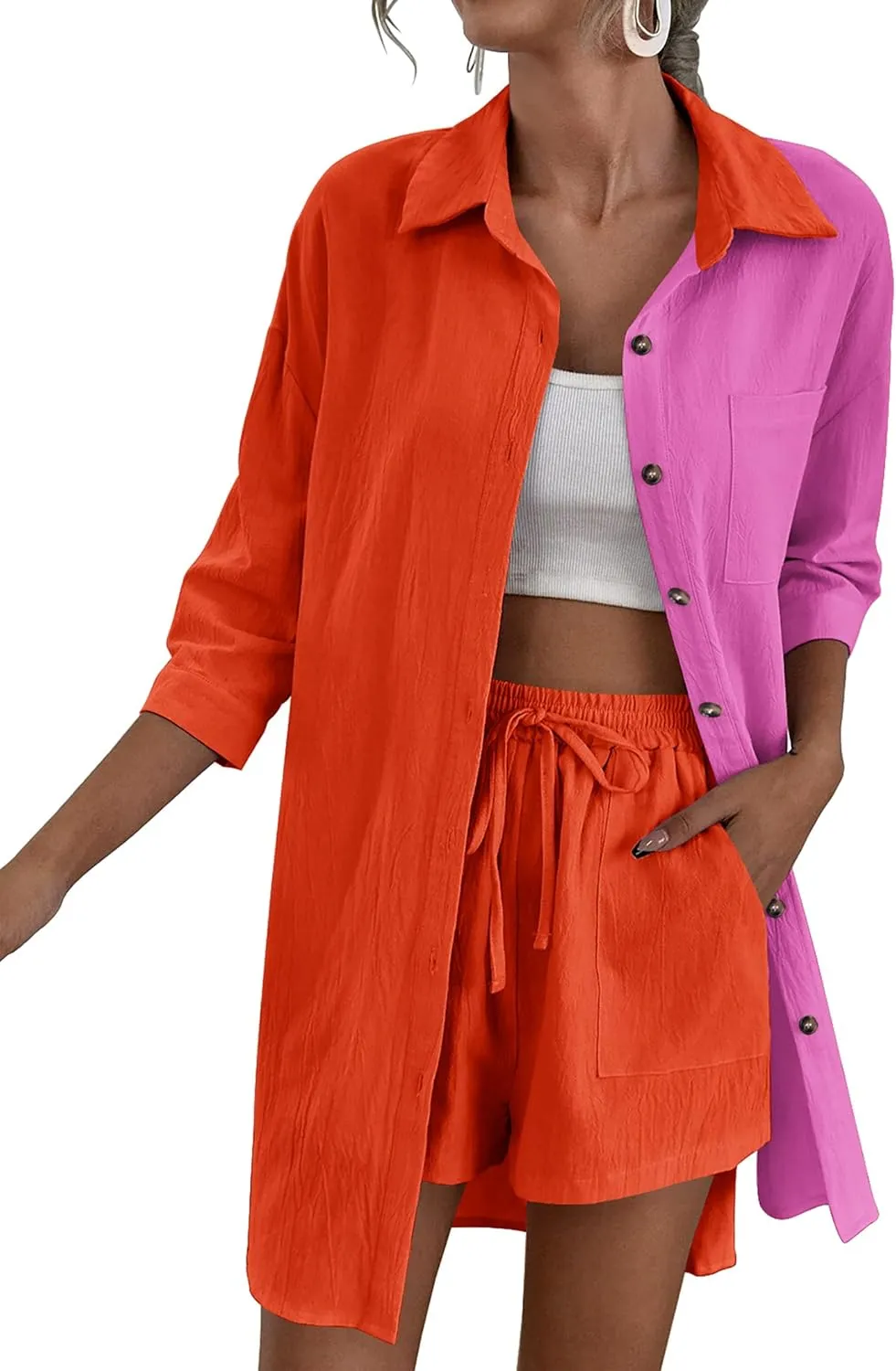 Zeagoo Womens 2 Piece Lounge Tracksuit Outfit Sets Cotton Linen High Low Shirt and Drawstring Casual Shorts Set