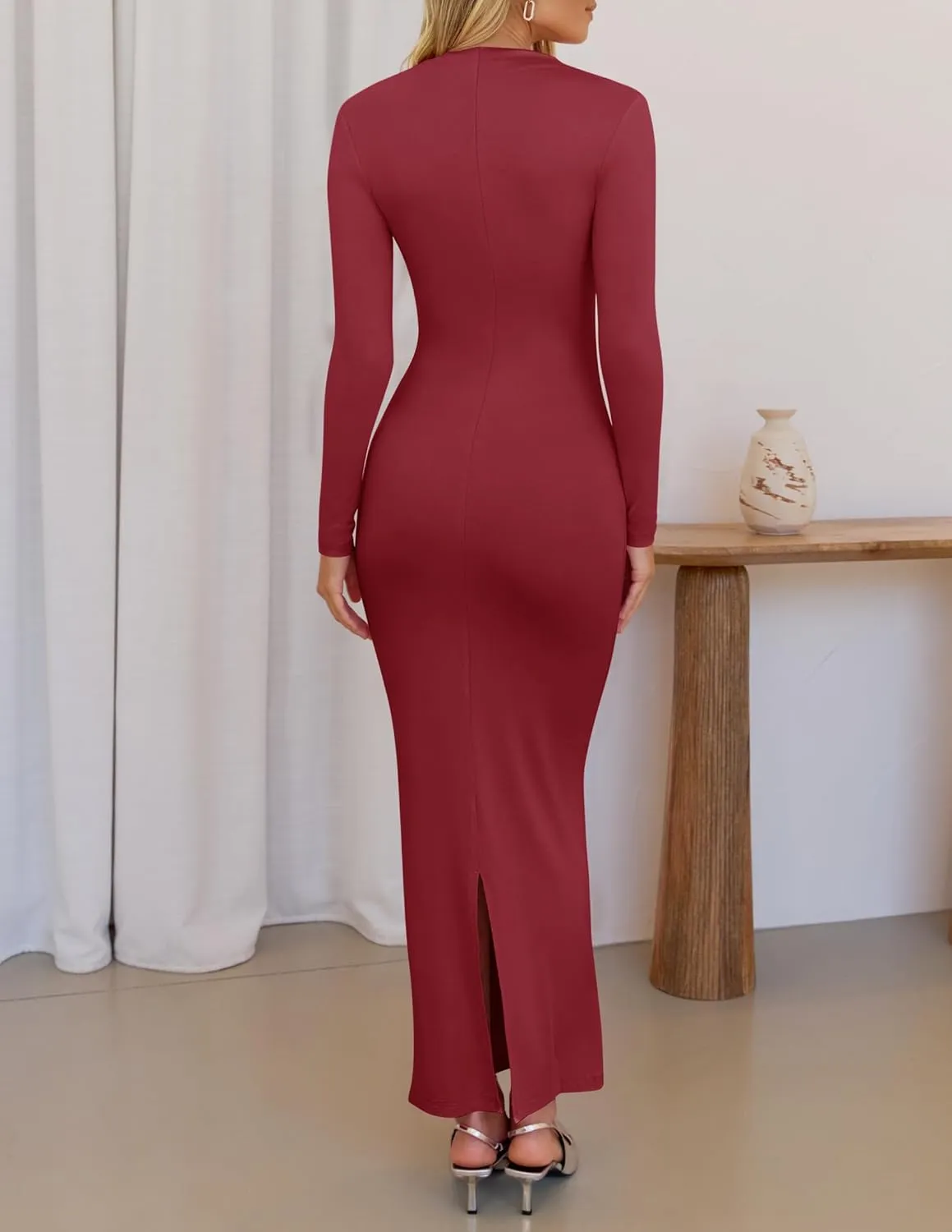 ZESICA Women's Spring Long Sleeve Bodycon Maxi Dresses Sexy Ruched Crew Neck Slim Fit Cocktail Party Dress