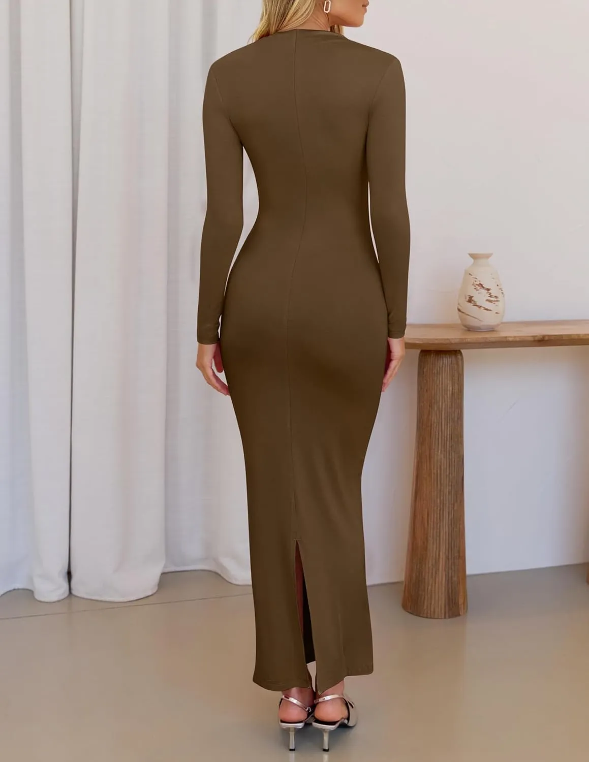 ZESICA Women's Spring Long Sleeve Bodycon Maxi Dresses Sexy Ruched Crew Neck Slim Fit Cocktail Party Dress