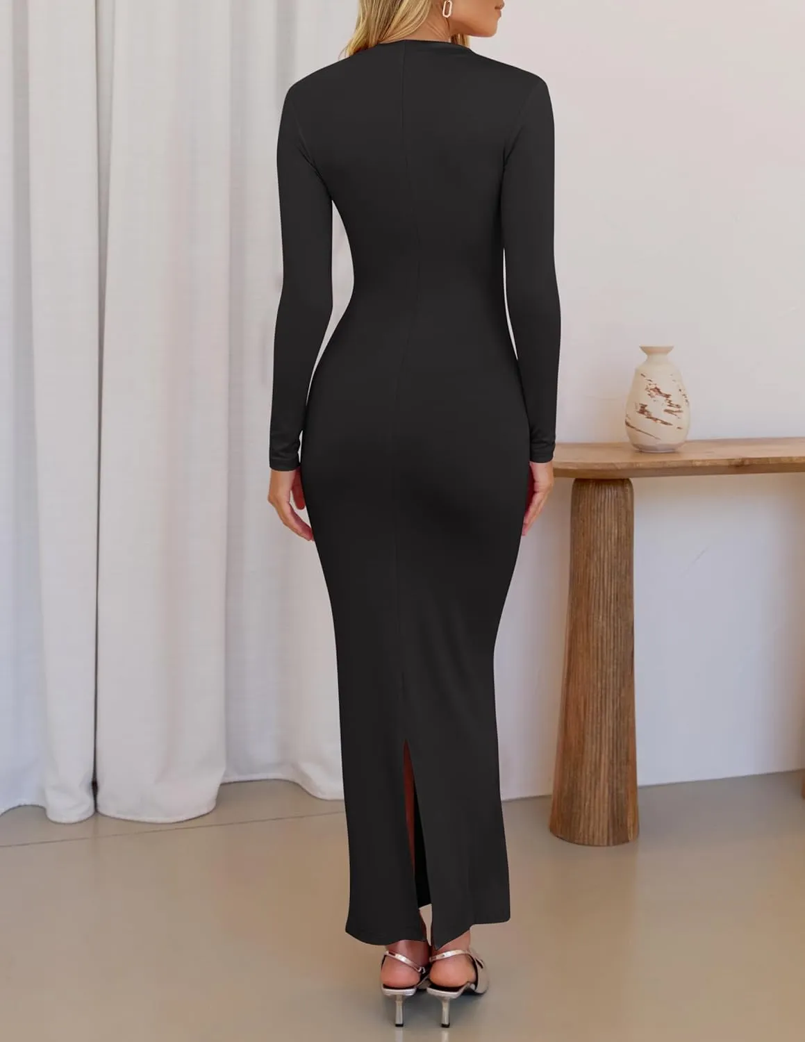 ZESICA Women's Spring Long Sleeve Bodycon Maxi Dresses Sexy Ruched Crew Neck Slim Fit Cocktail Party Dress