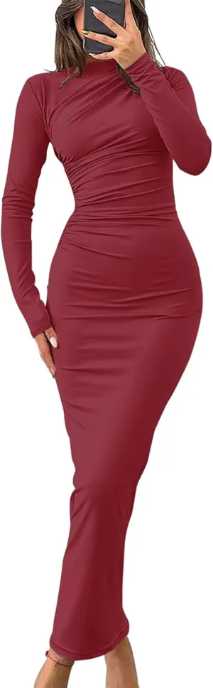 ZESICA Women's Spring Long Sleeve Bodycon Maxi Dresses Sexy Ruched Crew Neck Slim Fit Cocktail Party Dress