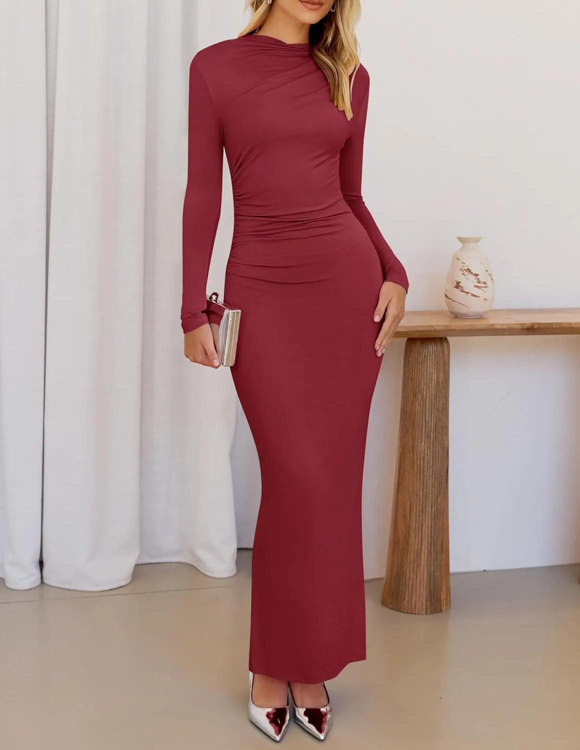 ZESICA Women's Spring Long Sleeve Bodycon Maxi Dresses Sexy Ruched Crew Neck Slim Fit Cocktail Party Dress