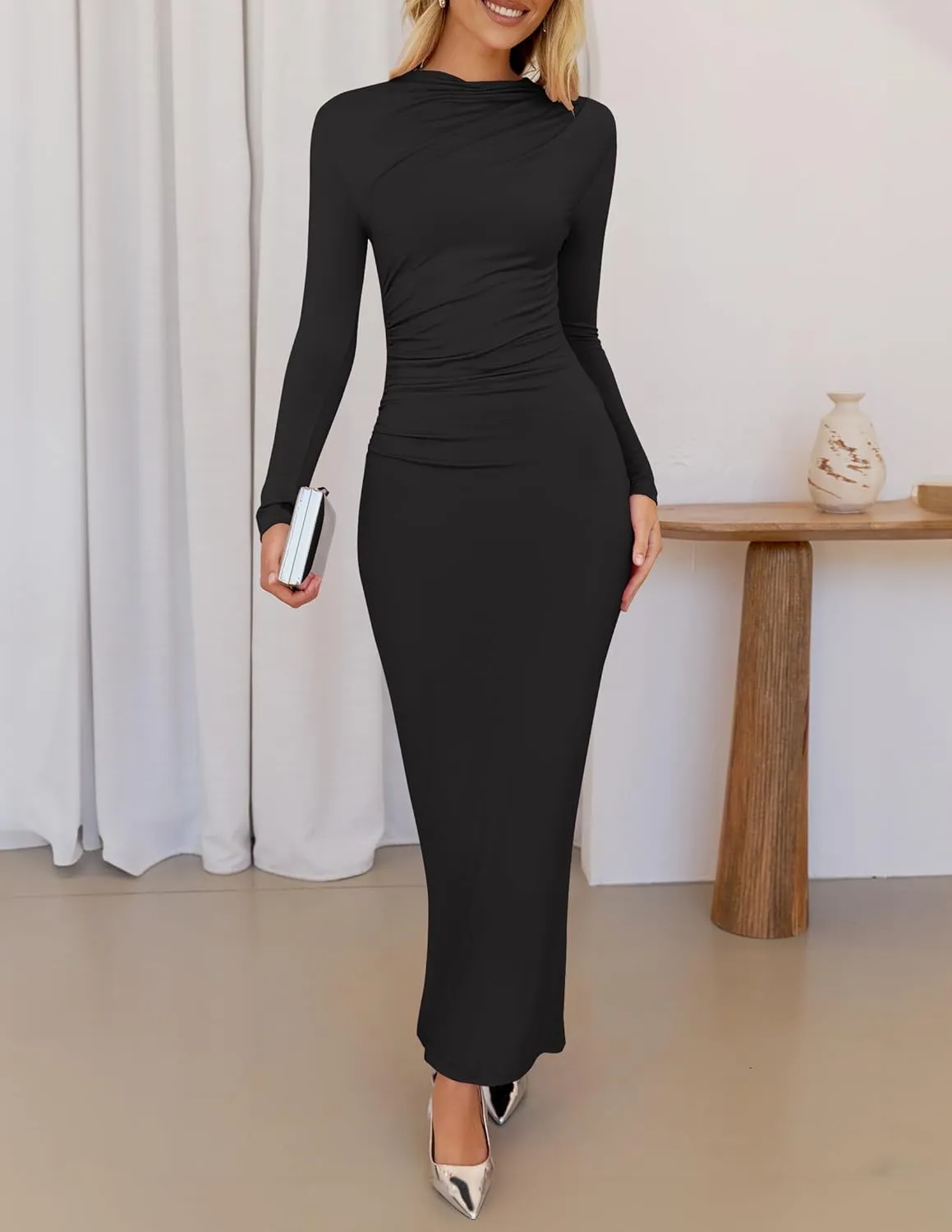 ZESICA Women's Spring Long Sleeve Bodycon Maxi Dresses Sexy Ruched Crew Neck Slim Fit Cocktail Party Dress