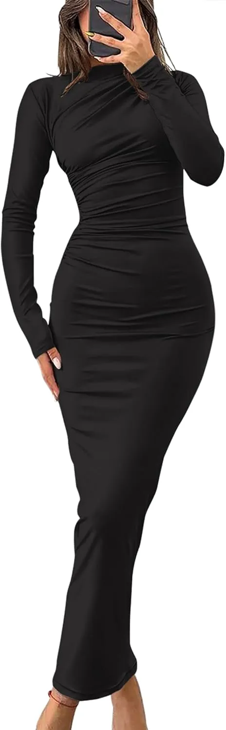 ZESICA Women's Spring Long Sleeve Bodycon Maxi Dresses Sexy Ruched Crew Neck Slim Fit Cocktail Party Dress