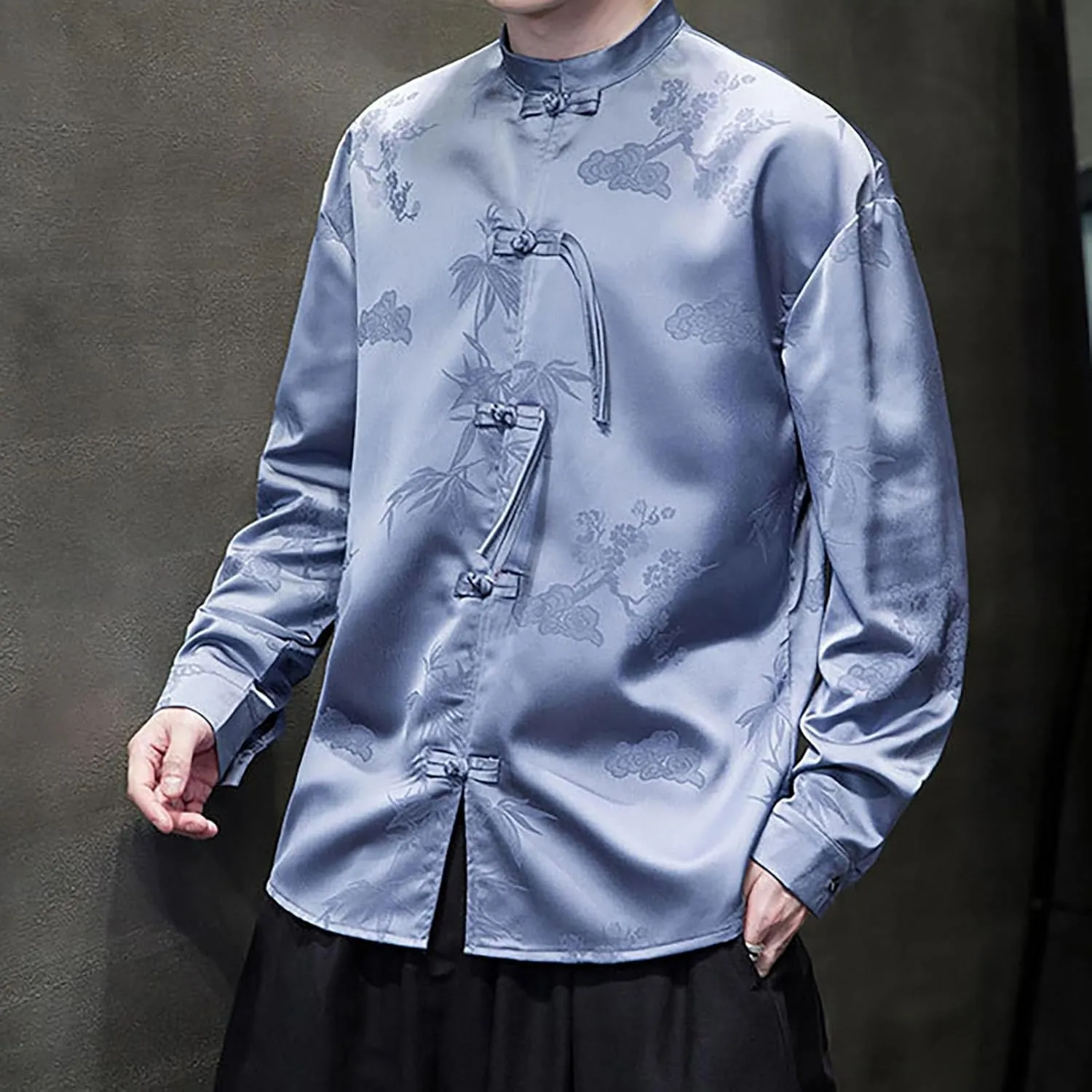 ZYXTIM Tai Chi Clothing Kung Fu Chinese Traditional Uniform Tops Luxury Flowered Printed Button Down Satin Shirt Big&Tall