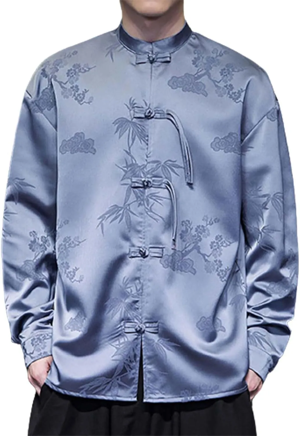 ZYXTIM Tai Chi Clothing Kung Fu Chinese Traditional Uniform Tops Luxury Flowered Printed Button Down Satin Shirt Big&Tall