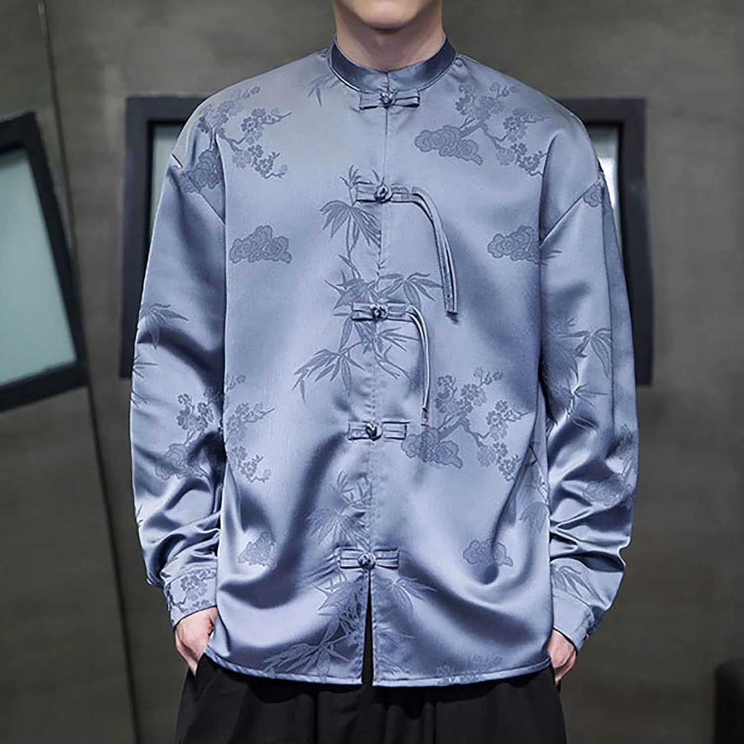 ZYXTIM Tai Chi Clothing Kung Fu Chinese Traditional Uniform Tops Luxury Flowered Printed Button Down Satin Shirt Big&Tall