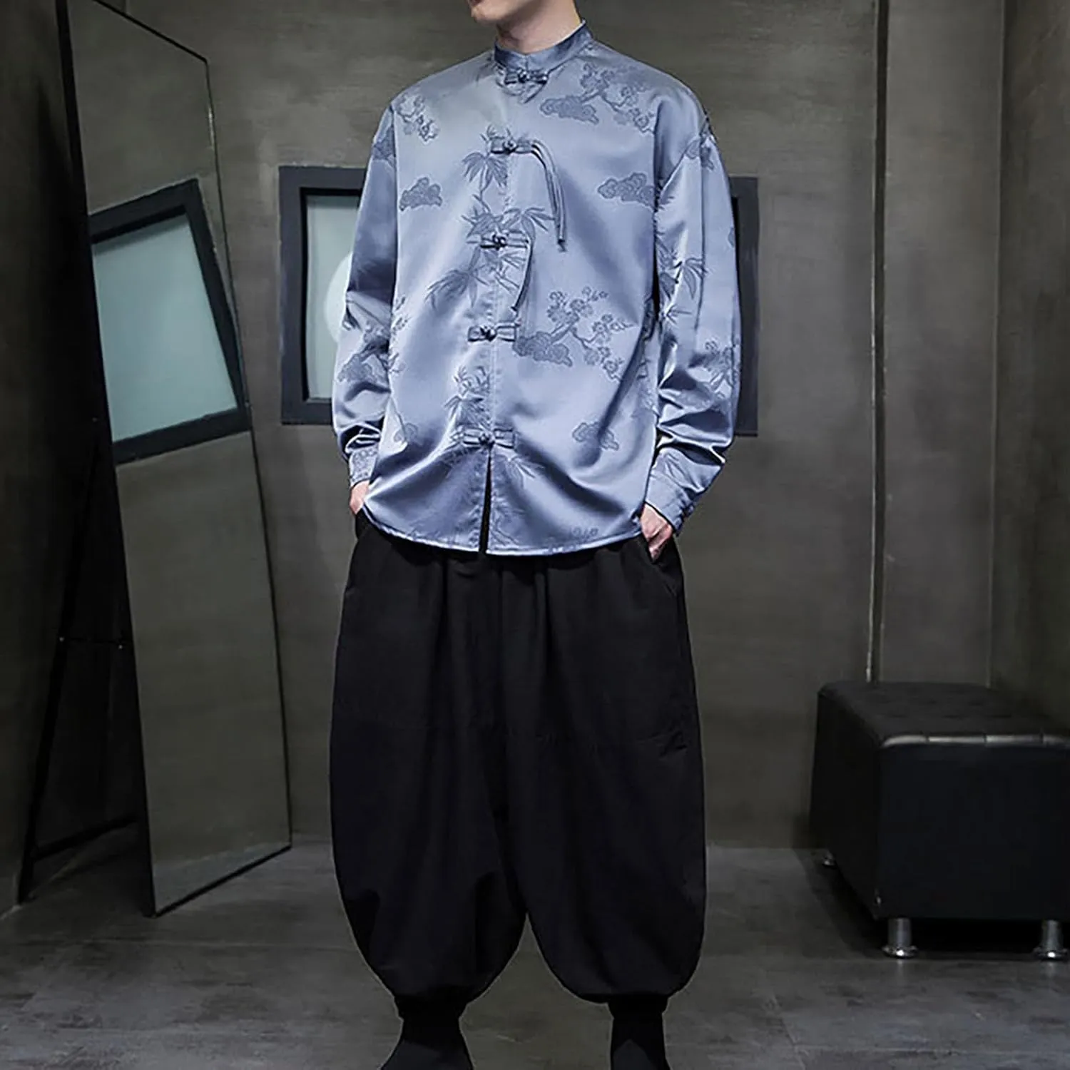 ZYXTIM Tai Chi Clothing Kung Fu Chinese Traditional Uniform Tops Luxury Flowered Printed Button Down Satin Shirt Big&Tall