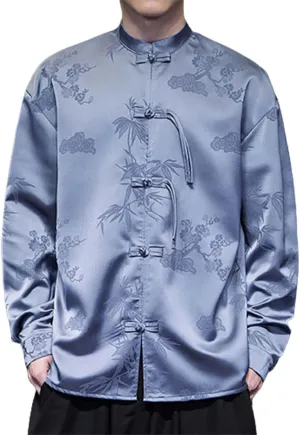 ZYXTIM Tai Chi Clothing Kung Fu Chinese Traditional Uniform Tops Luxury Flowered Printed Button Down Satin Shirt Big&Tall